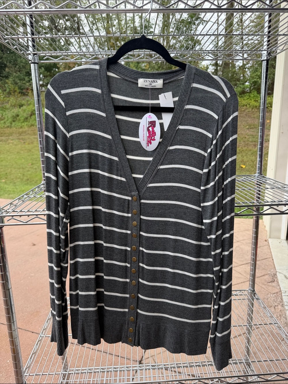 Zenana Outfitters Charcoal Gray and White Striped V-Neck Button Cardigan
